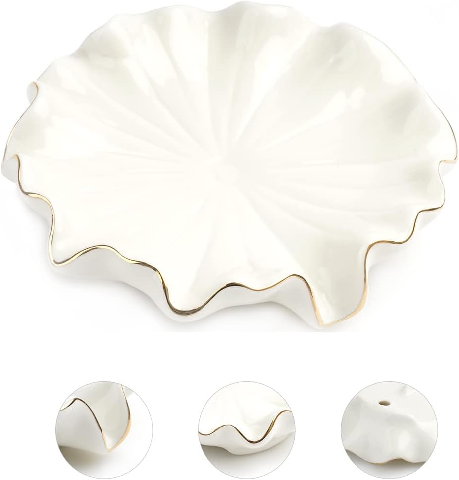 White Ceramic Soap Dish with Gold Edge β Lotus Leaf Design Soap Holder / Jewelry Tray