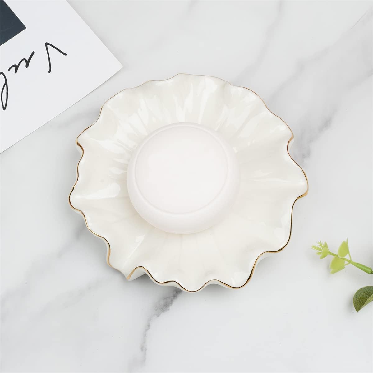 White Ceramic Soap Dish with Gold Edge β Lotus Leaf Design Soap Holder / Jewelry Tray
