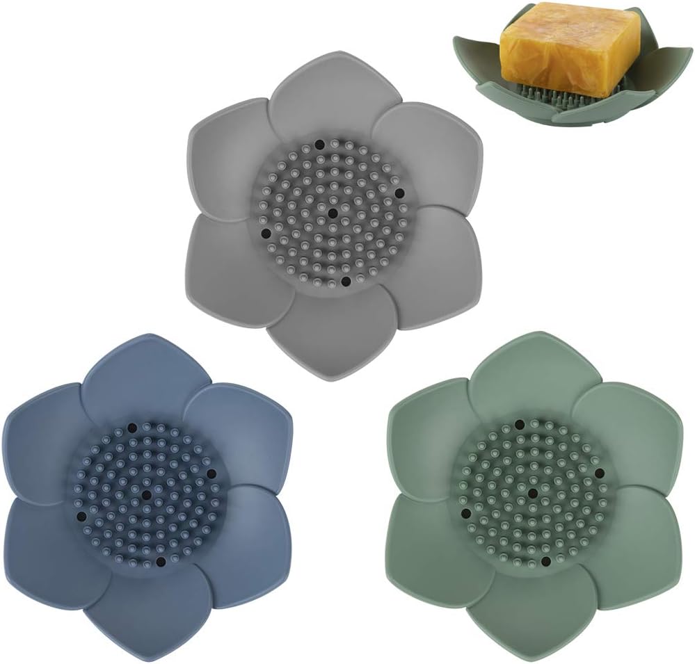 3 Pack Flower Shaped Silicone Soap Dish Set β Non-Slip Drainage Soap Holder for Bathroom & Kitchen (1x Blue, 1x Green, 1x Grey)