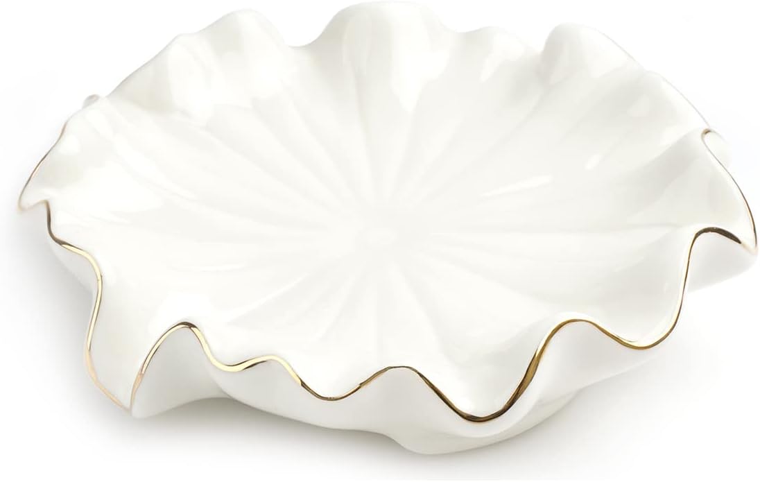 White Ceramic Soap Dish with Gold Edge – Lotus Leaf Design Soap Holder / Jewelry Tray