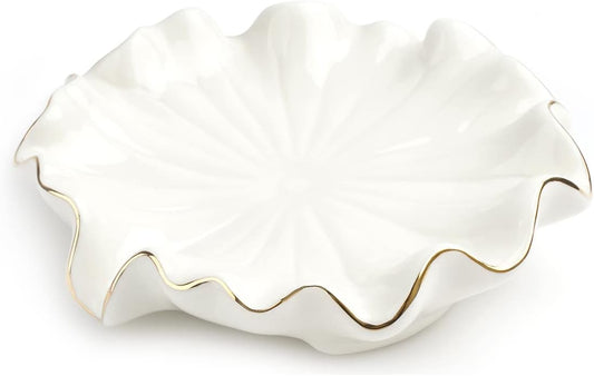 White Ceramic Soap Dish with Gold Edge – Lotus Leaf Design Soap Holder / Jewelry Tray