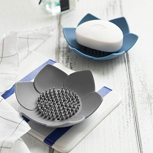 3 Pack Flower Shaped Silicone Soap Dish Set – Non-Slip Drainage Soap Holder for Bathroom & Kitchen (1x Blue, 1x Green, 1x Grey)