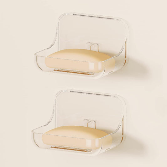 2-Pack Transparent No-Drill Soap Dish Set – Strong Adhesive Wall Mounted Soap Holder with Drainage