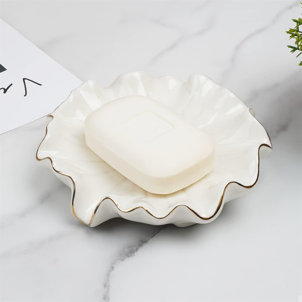 White Ceramic Soap Dish with Gold Edge – Lotus Leaf Design Soap Holder / Jewelry Tray