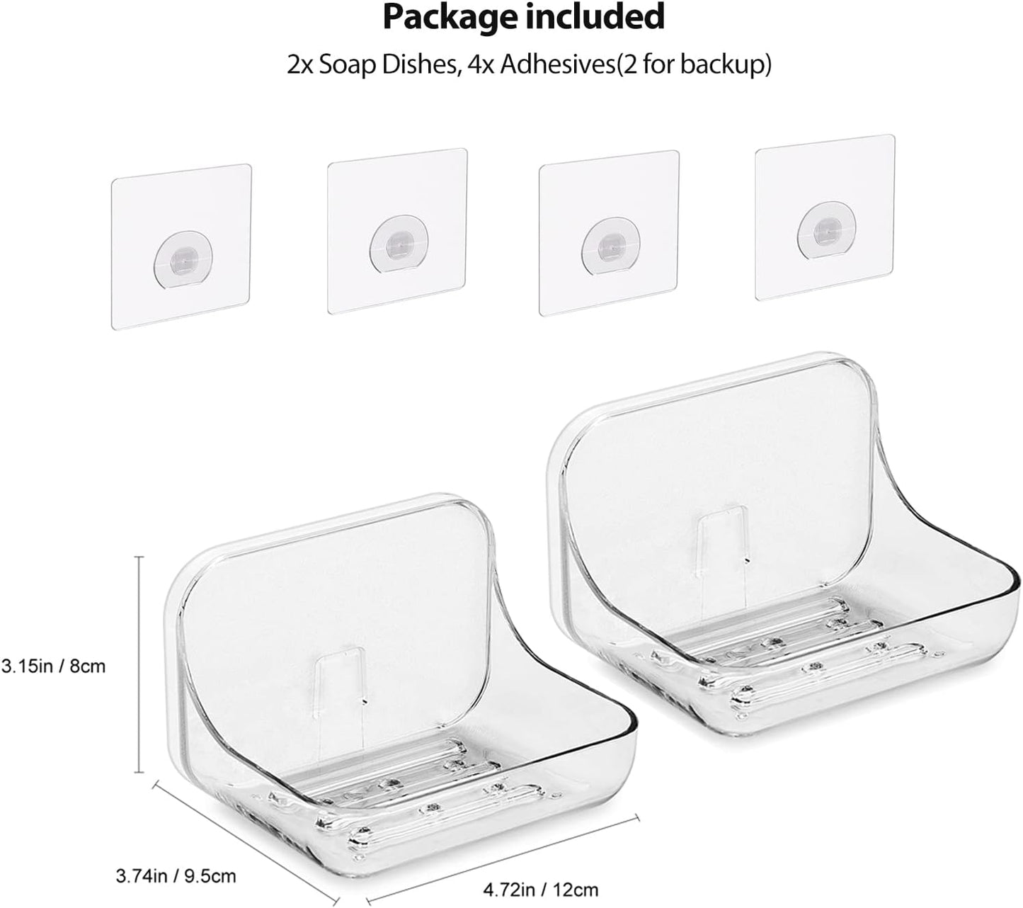2-Pack Transparent No-Drill Soap Dish Set – Strong Adhesive Wall Mounted Soap Holder with Drainage