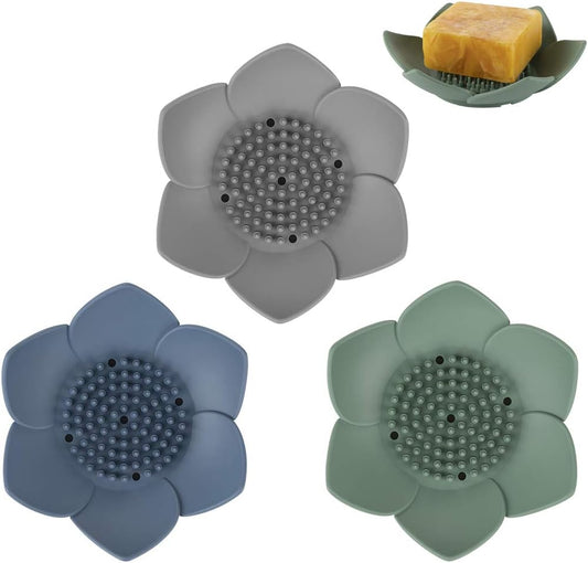 3 Pack Flower Shaped Silicone Soap Dish Set – Non-Slip Drainage Soap Holder for Bathroom & Kitchen (1x Blue, 1x Green, 1x Grey)