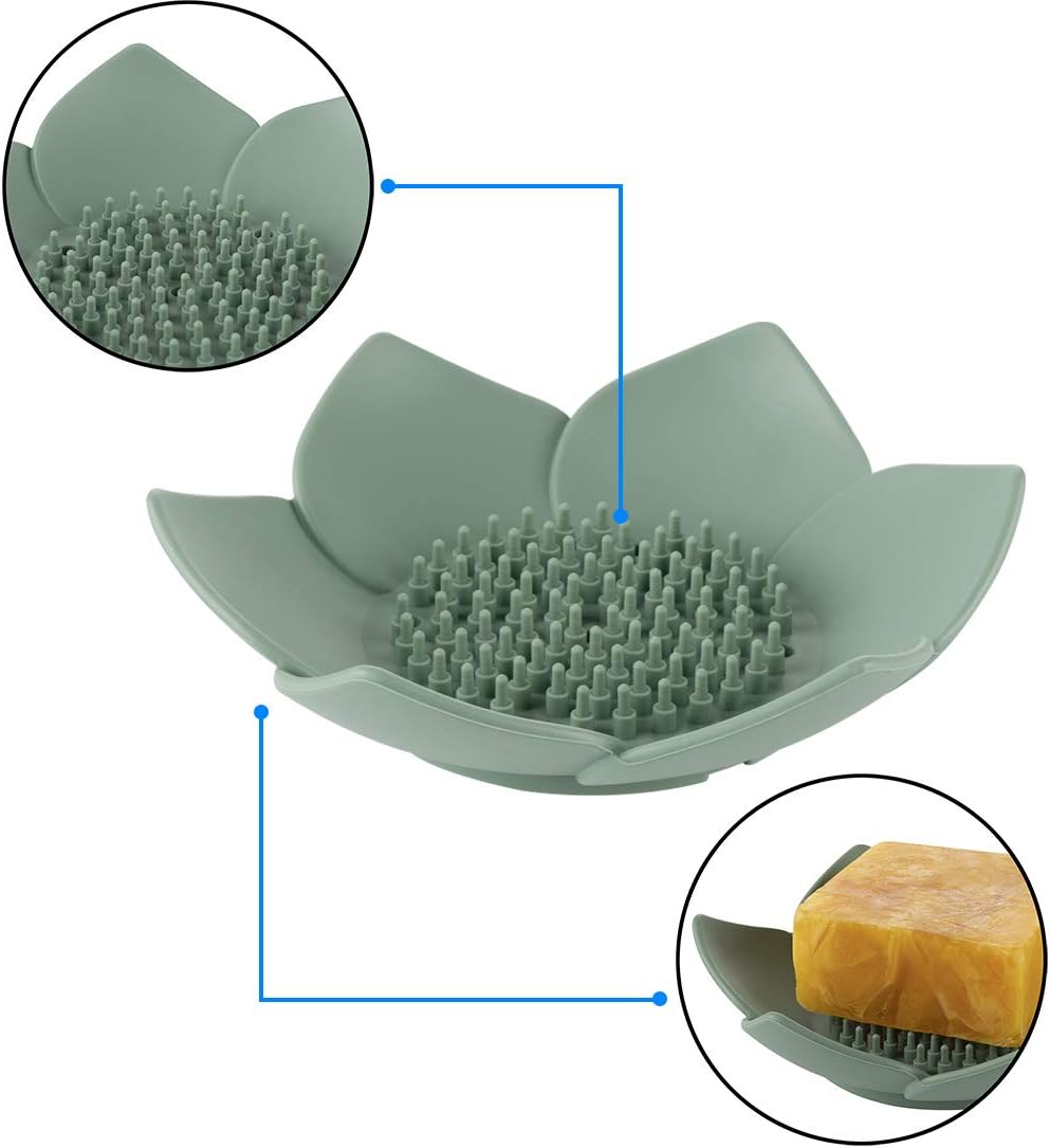 3 Pack Flower Shaped Silicone Soap Dish Set – Non-Slip Drainage Soap Holder for Bathroom & Kitchen (1x Blue, 1x Green, 1x Grey)