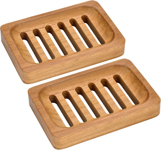 Natural Wooden Soap Dish 2 Pack – Rectangular Soap Holder with Drainage Slots for Bathroom & Kitchen