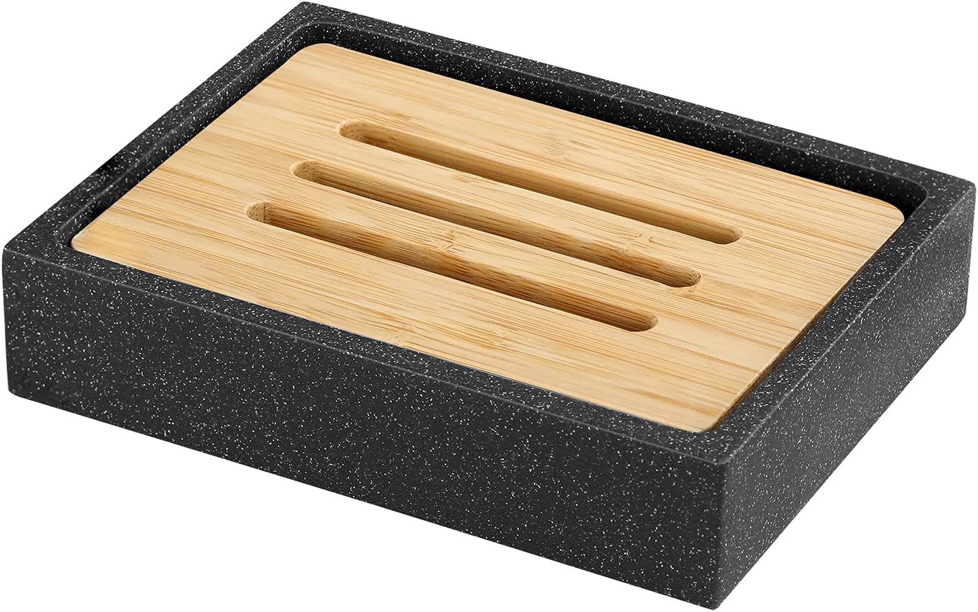 Black Stone Pattern Resin Soap Dish with Bamboo Drain Tray – Rectangular Soap Holder for Bathroom & Kitchen