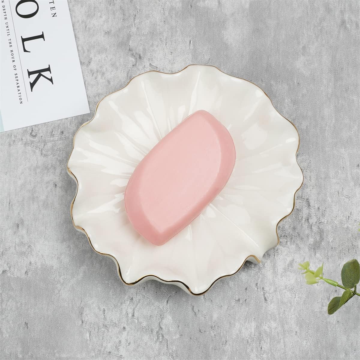 White Ceramic Soap Dish with Gold Edge – Lotus Leaf Design Soap Holder / Jewelry Tray