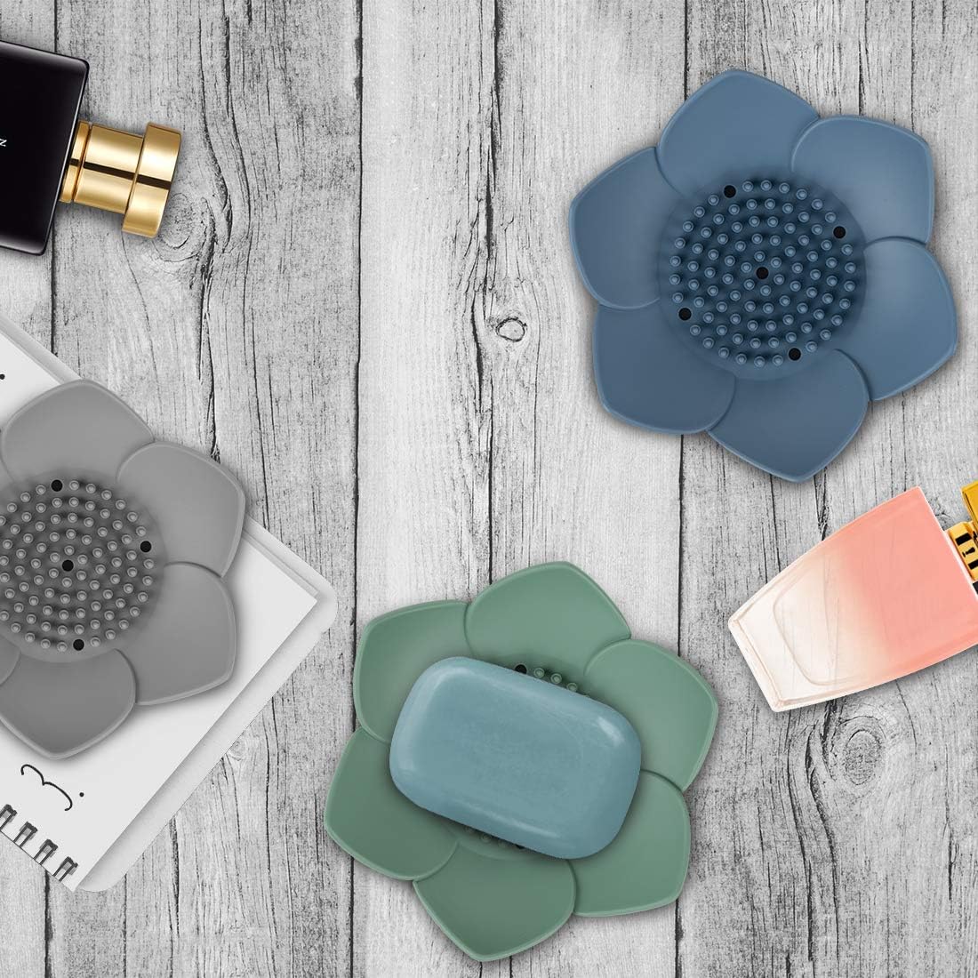 3 Pack Flower Shaped Silicone Soap Dish Set – Non-Slip Drainage Soap Holder for Bathroom & Kitchen (1x Blue, 1x Green, 1x Grey)
