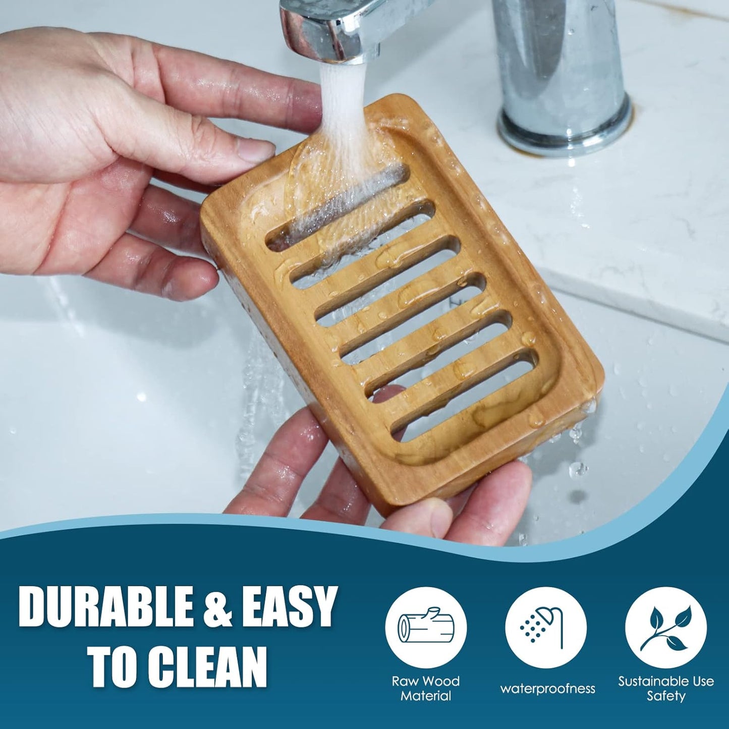 Natural Wooden Soap Dish 2 Pack – Rectangular Soap Holder with Drainage Slots for Bathroom & Kitchen