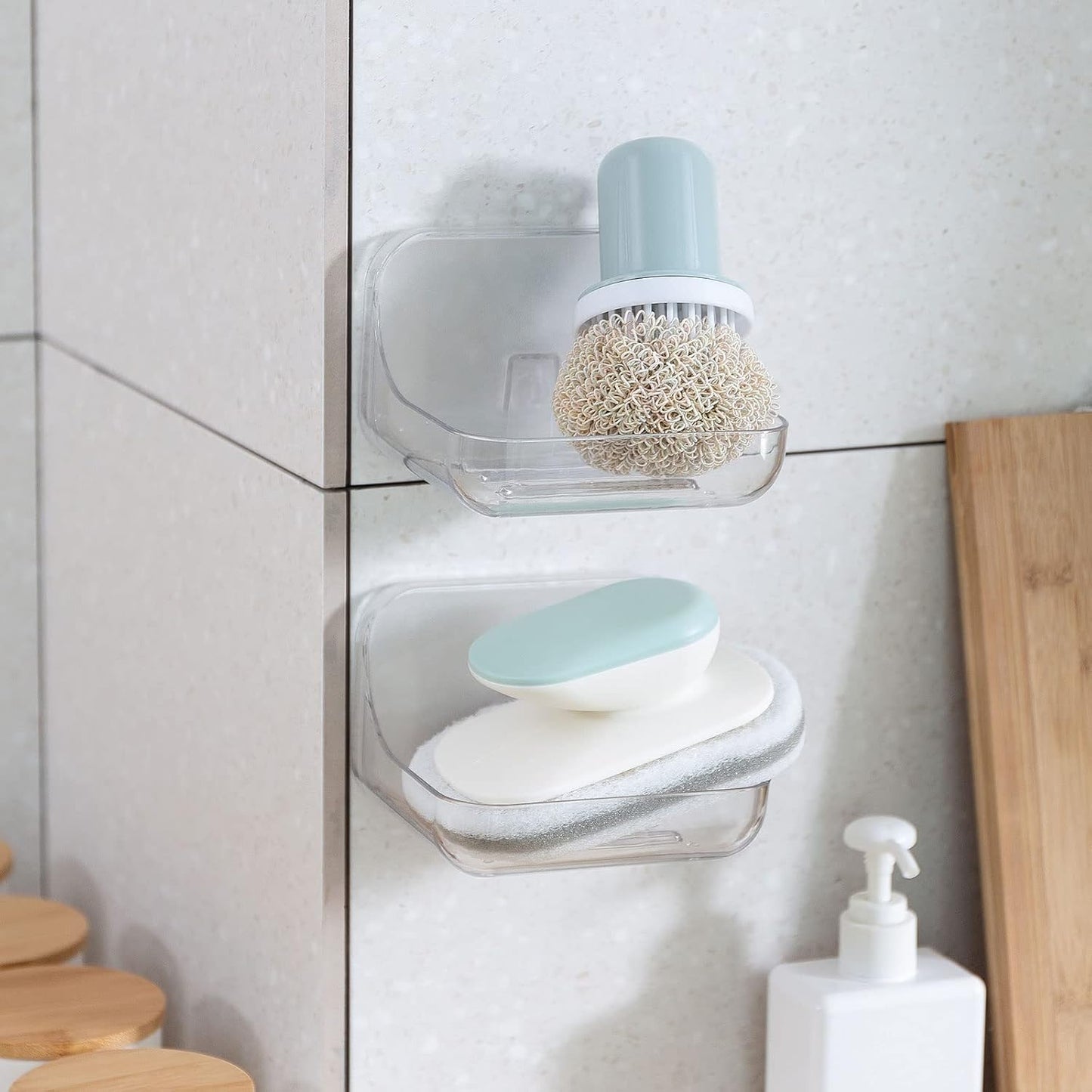 2-Pack Transparent No-Drill Soap Dish Set – Strong Adhesive Wall Mounted Soap Holder with Drainage