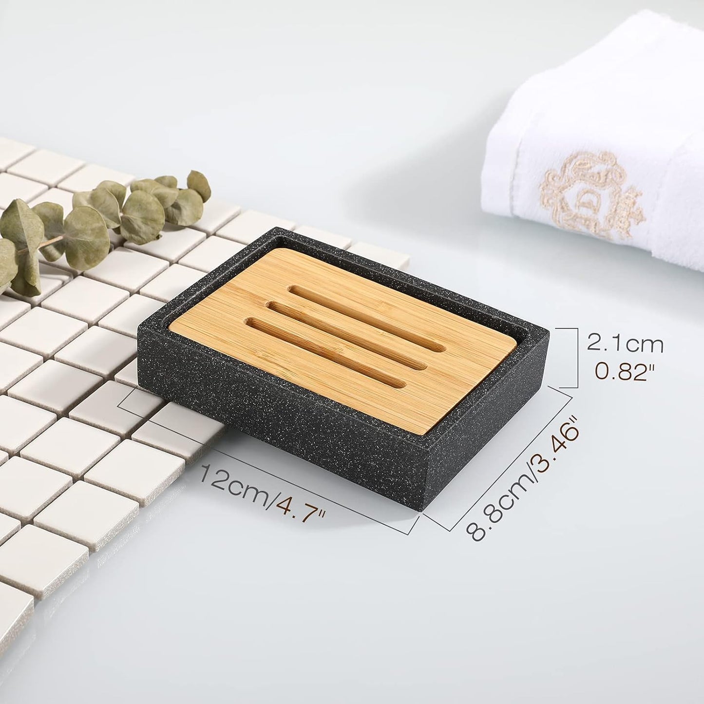 Black Stone Pattern Resin Soap Dish with Bamboo Drain Tray – Rectangular Soap Holder for Bathroom & Kitchen
