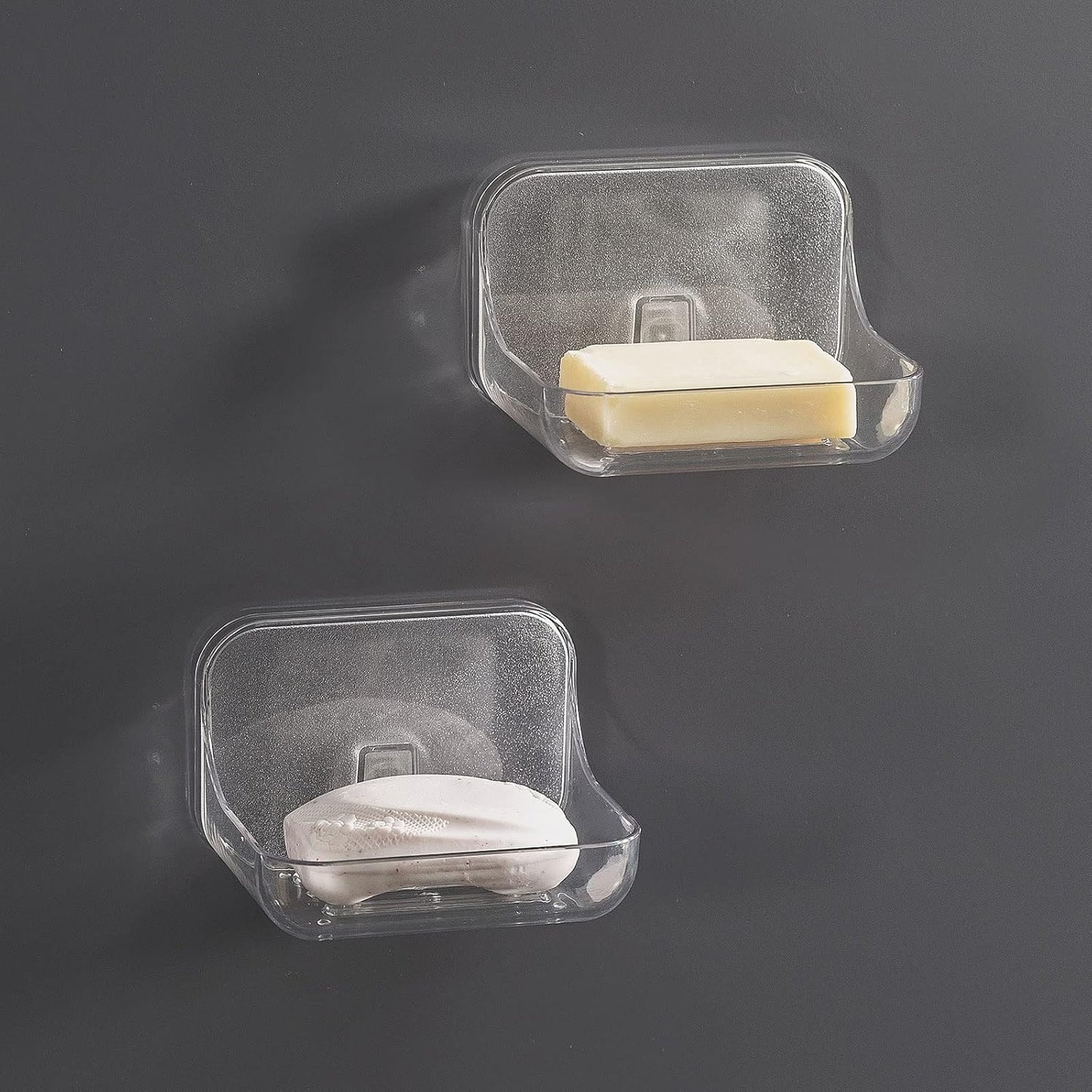 2-Pack Transparent No-Drill Soap Dish Set – Strong Adhesive Wall Mounted Soap Holder with Drainage