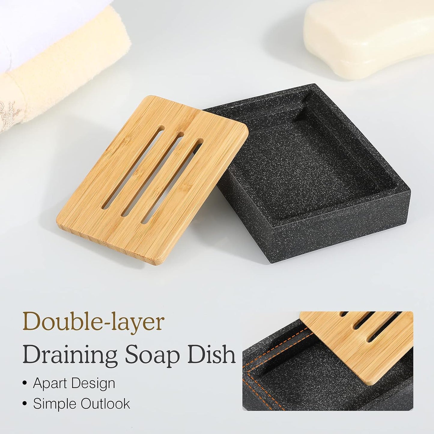 Black Stone Pattern Resin Soap Dish with Bamboo Drain Tray – Rectangular Soap Holder for Bathroom & Kitchen