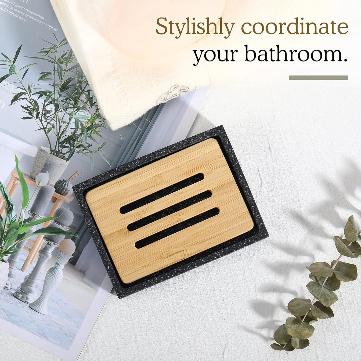 Black Stone Pattern Resin Soap Dish with Bamboo Drain Tray – Rectangular Soap Holder for Bathroom & Kitchen