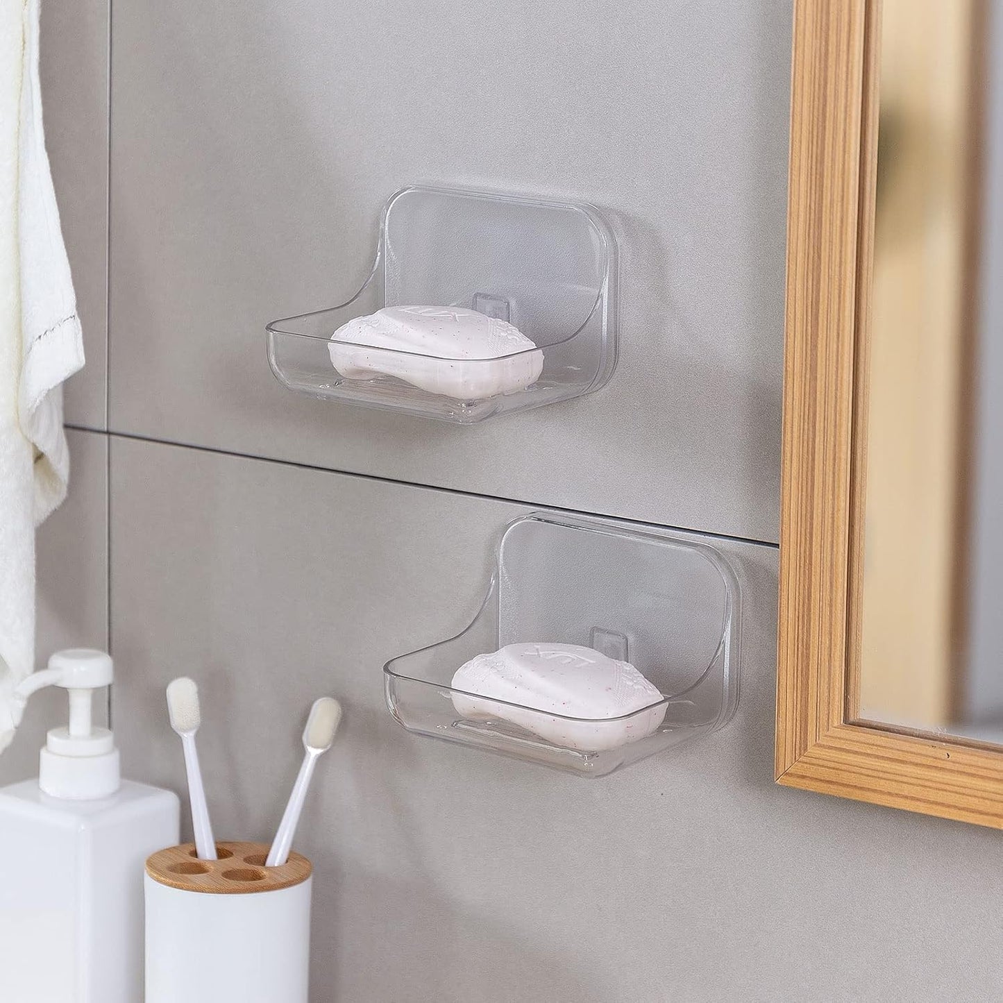2-Pack Transparent No-Drill Soap Dish Set – Strong Adhesive Wall Mounted Soap Holder with Drainage